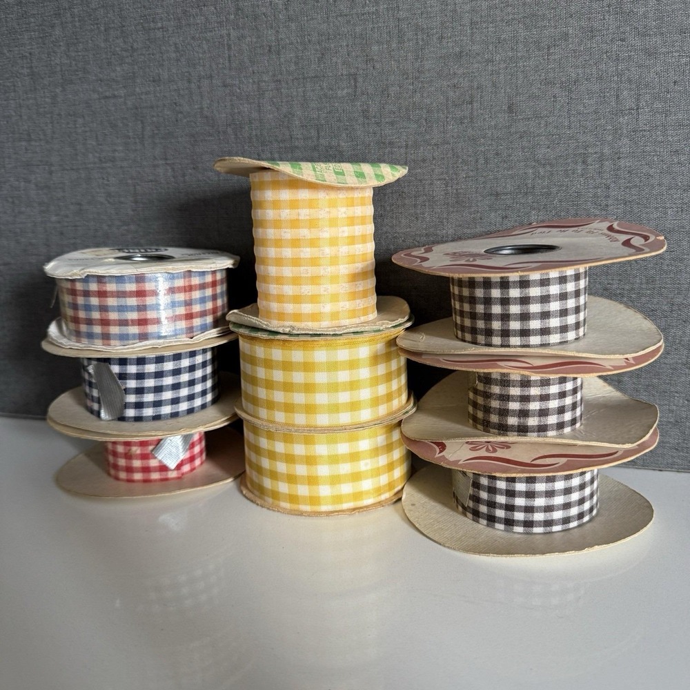 Vintage Lot of  9 Rolls Fabric Ribbons Red Yellow Brown Blue Pattern Check Plaid